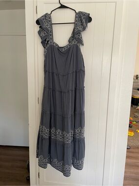 Knox Rose Slate Gray/Blue Tiered Embroidered Maxi Dress